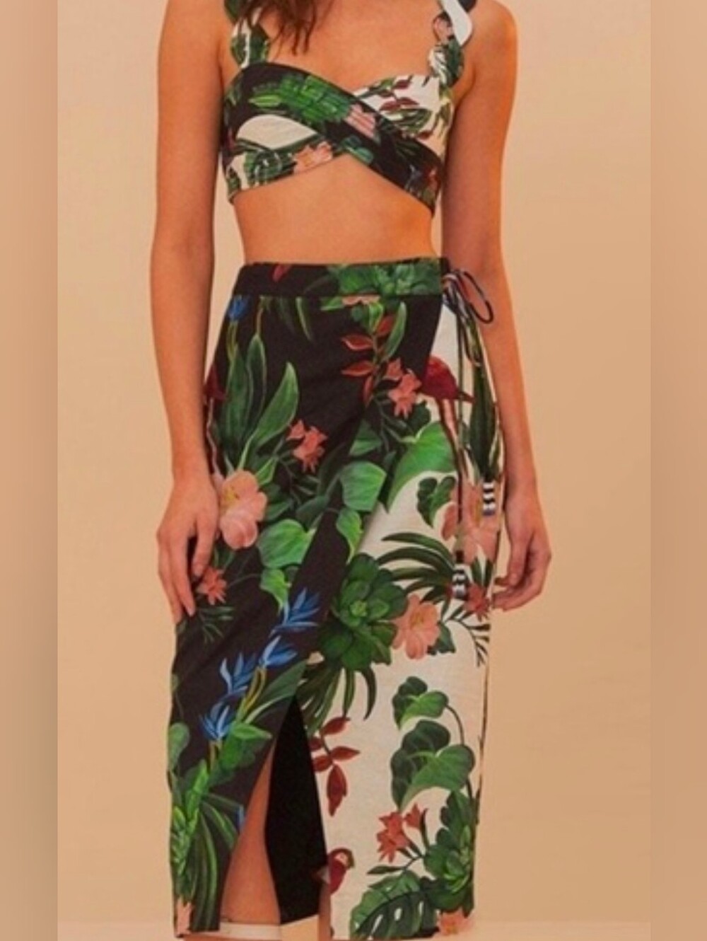 Nwt Farm Rio Size M Midnight Macaw Fiesta Midi Mix Wrap Skirt Linen Blend